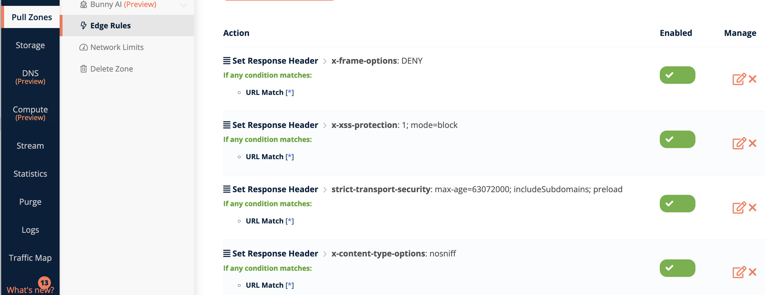 Bunny console listing security headers set on a Pull Zone
